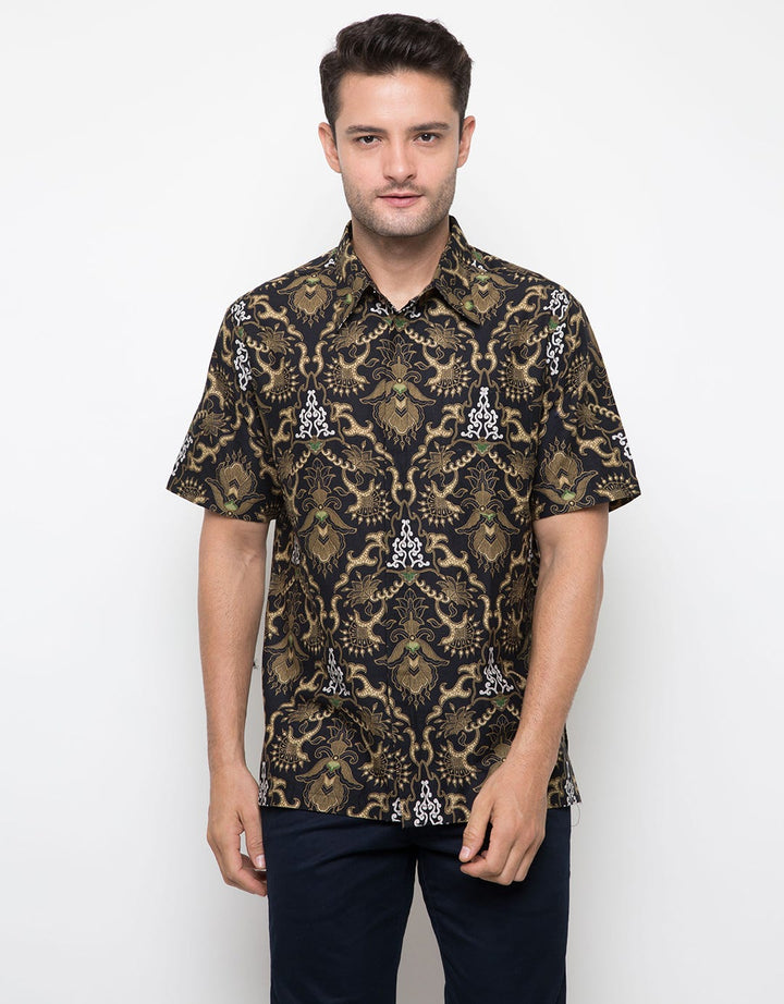Arjuna Weda Short Sleeve Shirt Carved Batik Hem