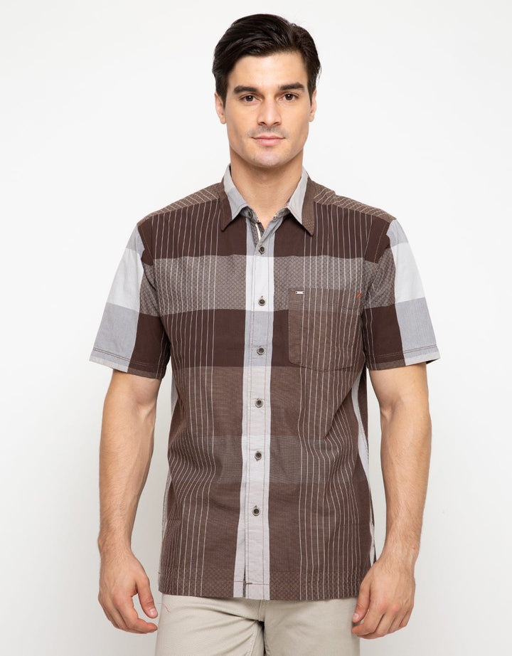 Cardinal Casual Men Shirt Short Sleeve Plaid and Stripes