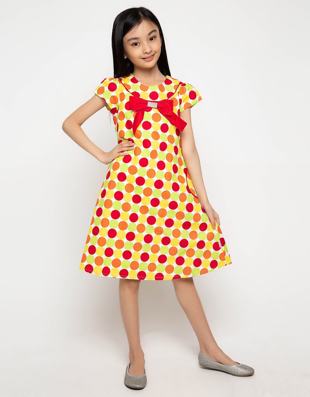 Donita Casual Dress Polka Dot Ribbon Detail