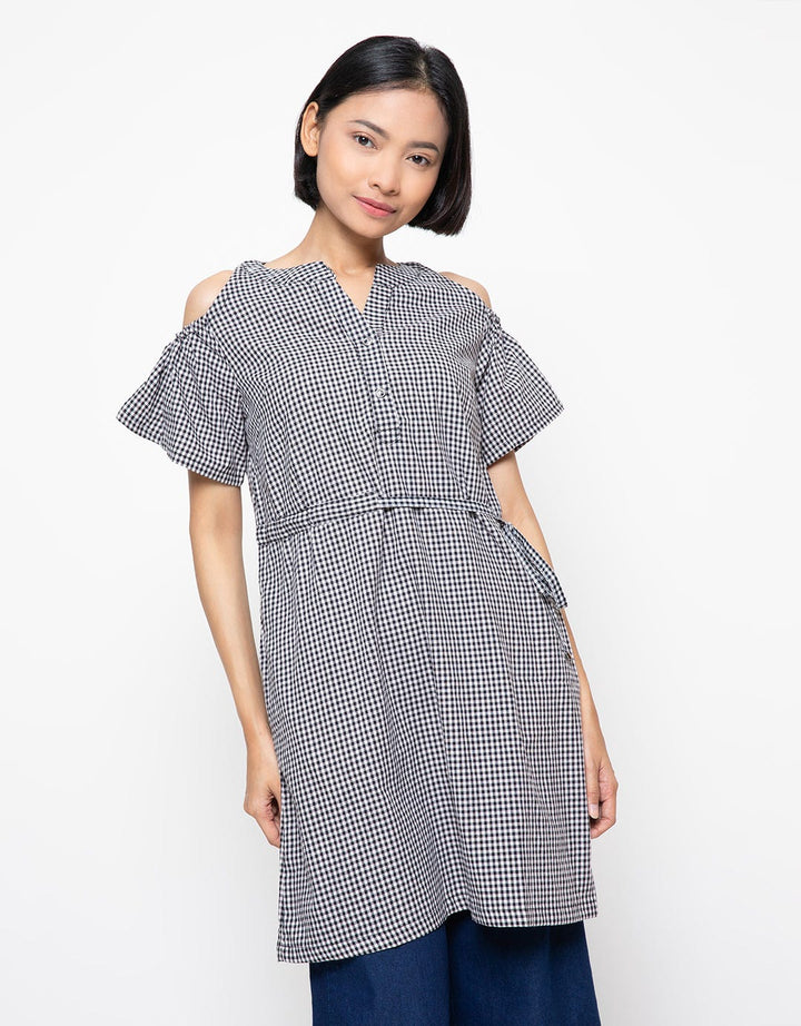 N&amp;M Women's Checked Cold Shoulder Tunic Blouse