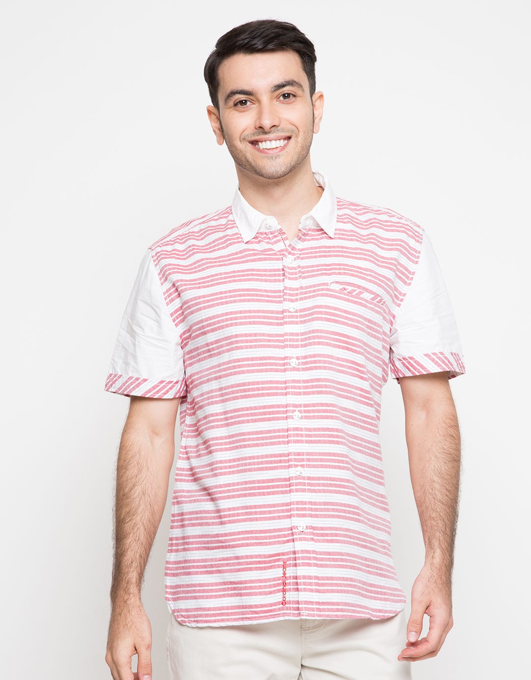 Cardinal Jeans Short Sleeve Shirt Stripes Pocket