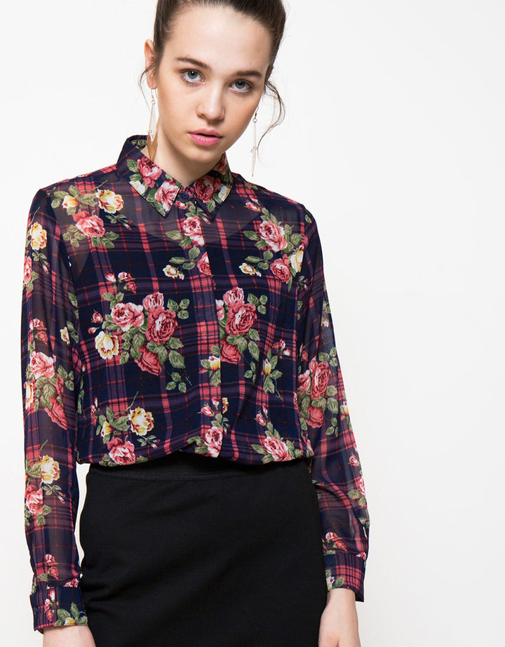 Logo Jeans Kemeja Lengan Panjang Print Plaid Floral