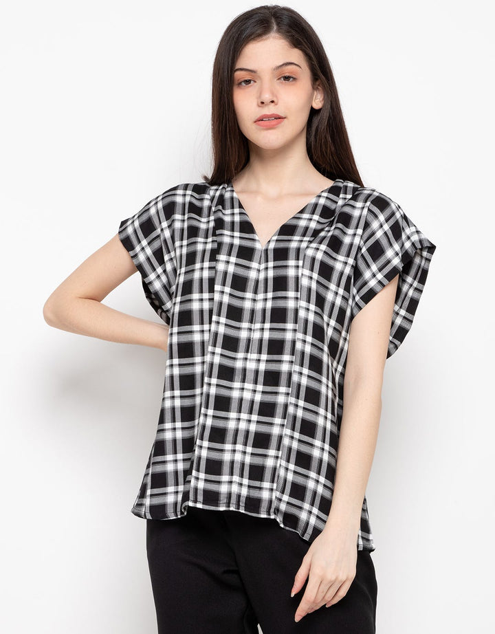Minimal V Neck Plaid Blouse