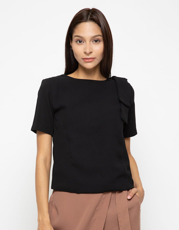 MKY Clothing Ribbon on Shoulder Short Sleeve Blouse