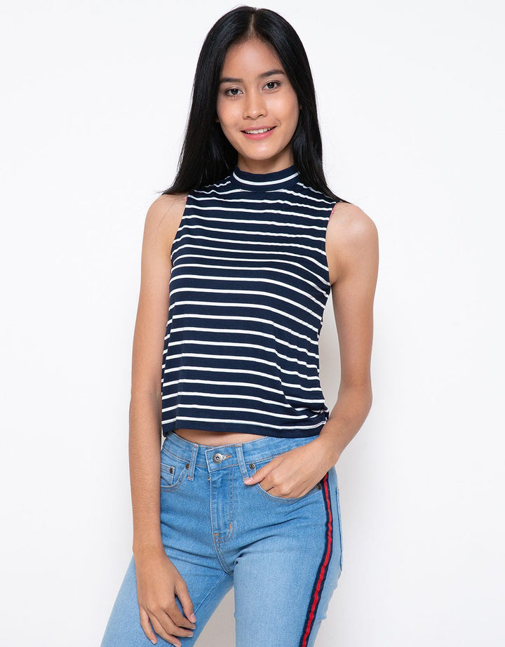Ninety Degrees T-Shirt Garis Tanpa Lengan Dongker