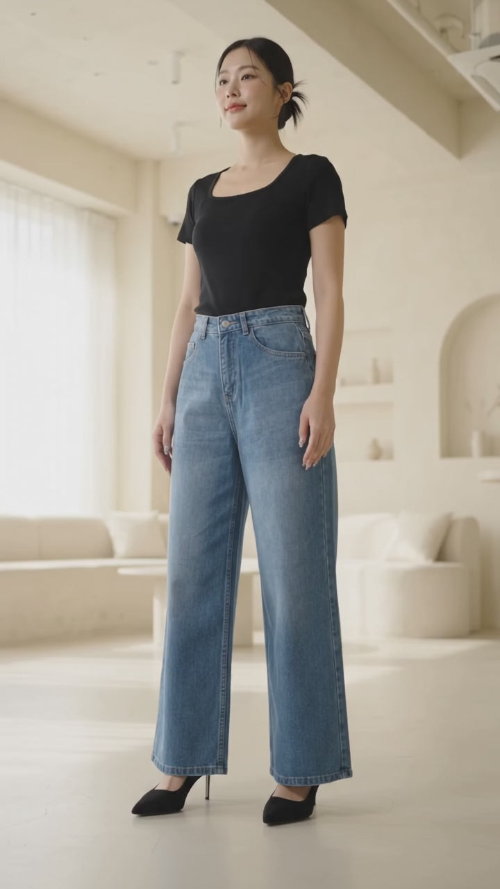 Connexion Wide Leg Full Length W/ Whisker Celana Jeans Wanita