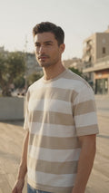 Suko Rugby Stripe Kerah Bulat Lengan Pendek Kaos Oversize Pria