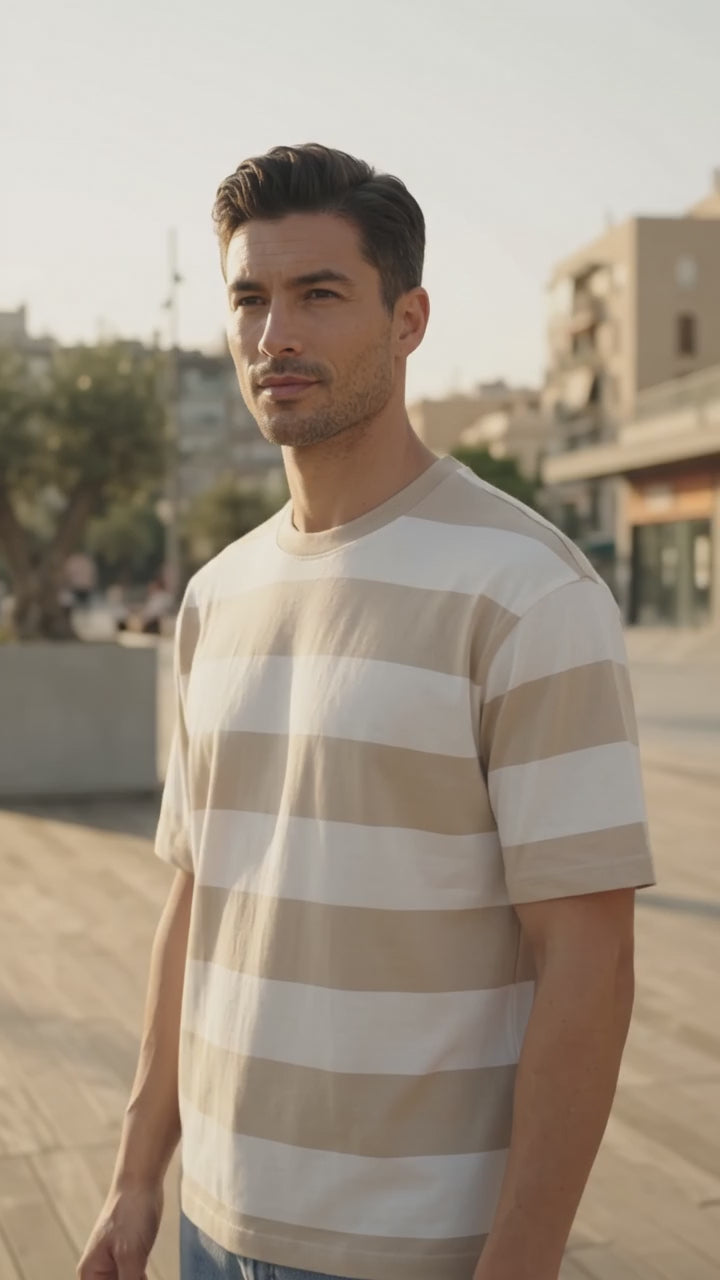 Suko Rugby Stripe Kerah Bulat Lengan Pendek Kaos Oversize Pria