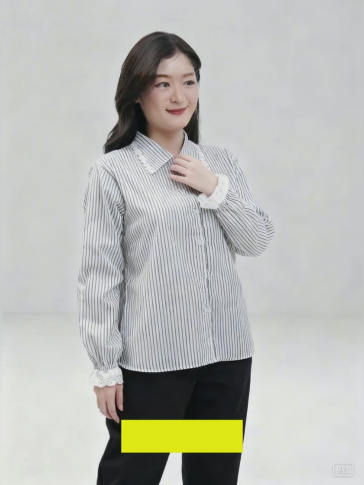 MxM Connexion Lace Stripe Kemeja Lengan Panjang Wanita