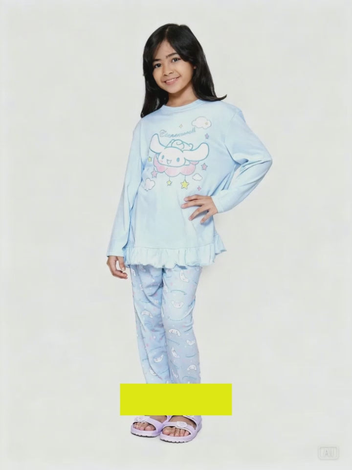 Character Ruffle Cinnamoroll Print Setelan Piyama Anak Perempuan