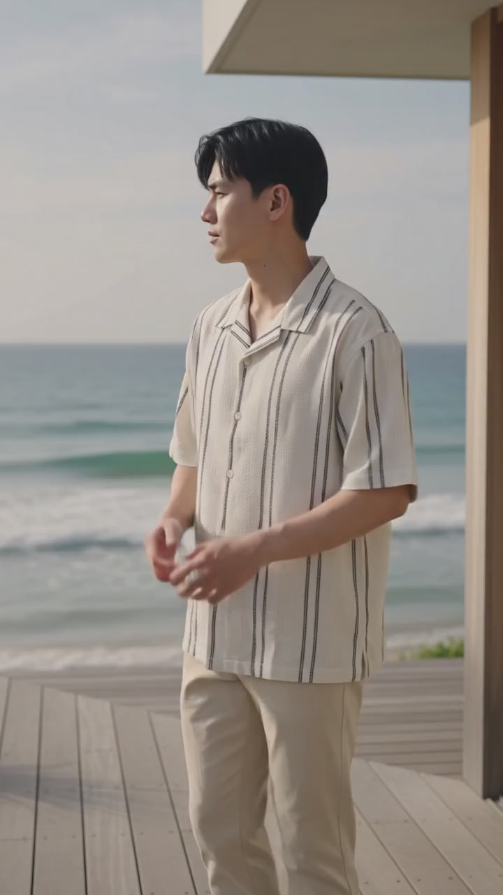 Nevada Stripe Linen Teksture Camp Collar - Boxy Fit Kemeja Pria