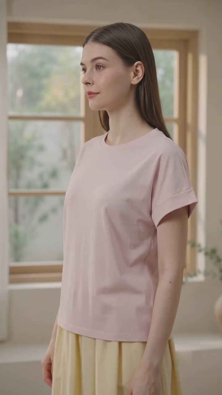 Suko Kerah Bulat Cap Sleeve Kaos Lengan Pendek Wanita